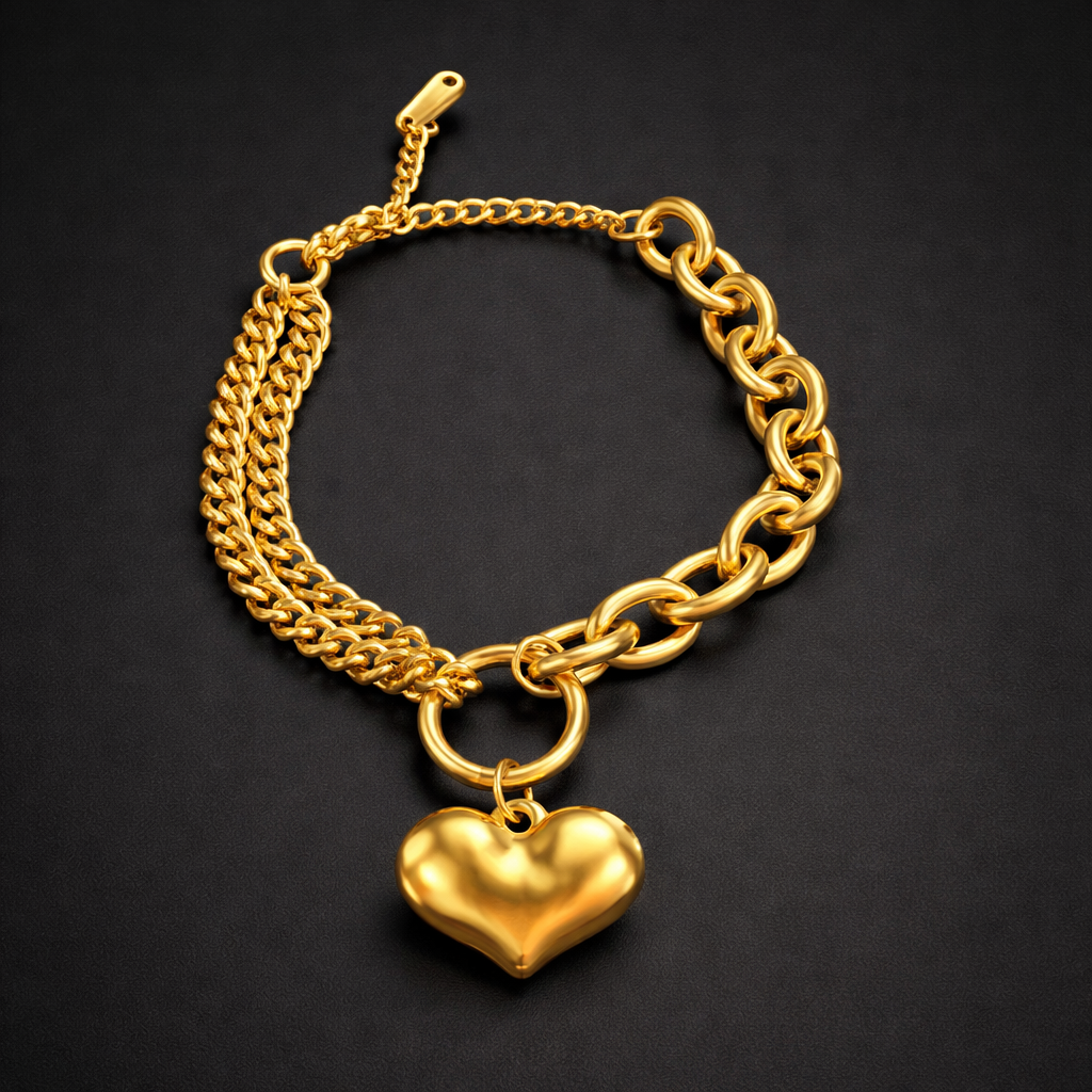 Doppelketten-Armband mit Herzanhänger – 18k vergoldeter Edelstahl