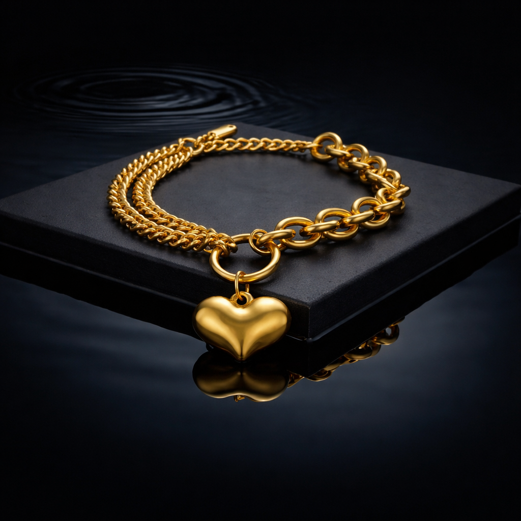 Doppelketten-Armband mit Herzanhänger – 18k vergoldeter Edelstahl